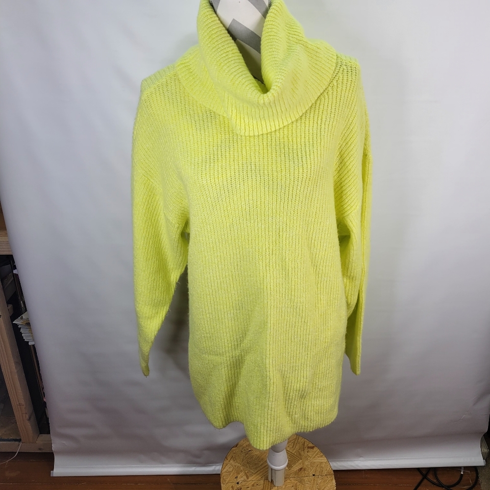 Loft Lounge Cowl Neon/Bright Yellow Long Tunic Sweater Mini Dress Size Small